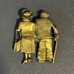 JJ Jonette Co Brooch Old Man And Women In The Rear view Mirror  2”x1.75”
